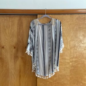 White and Black Tassled Kimono, size L/XL
